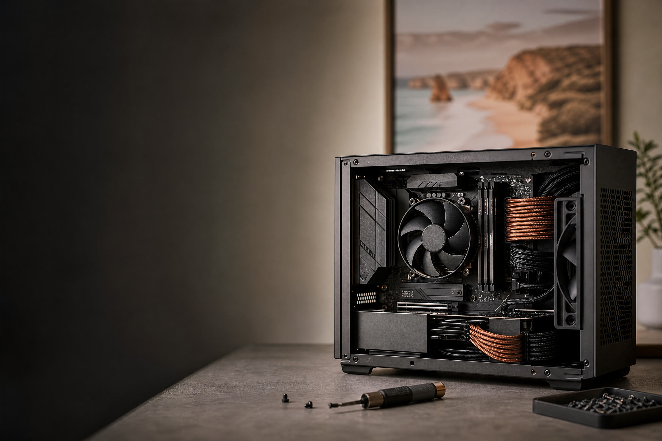 Desktop computer components on a workshop bench