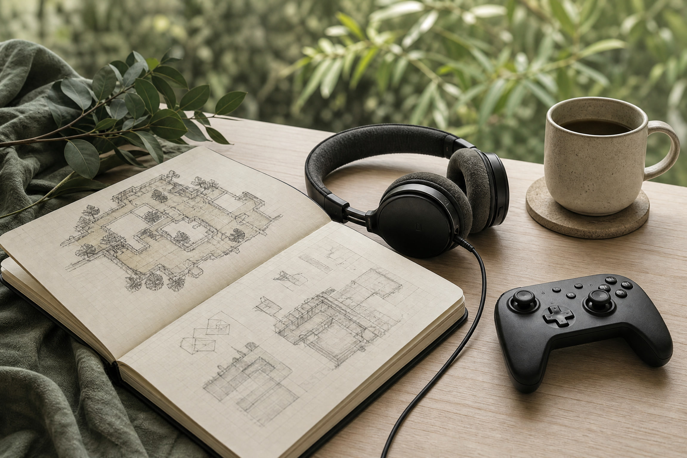 Desk with notebook, headphones and game controller